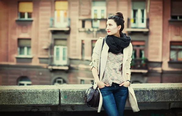 Girl, the city, pose, street, model, jeans, makeup, scarf