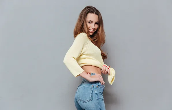 Girl, happy, grey, modern, jeans, one, lovely, looking