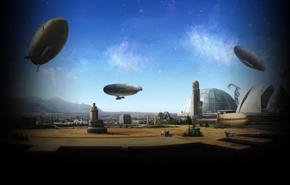The sky, the city, the game, art, the airship, the dome, futurism, Inbetween Land