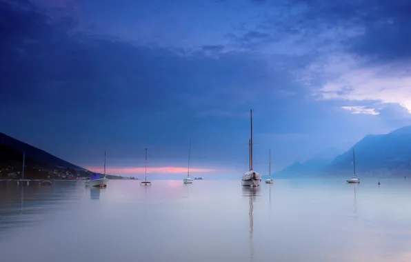 The sky, sunset, mountains, clouds, fog, yachts, the evening, Italy