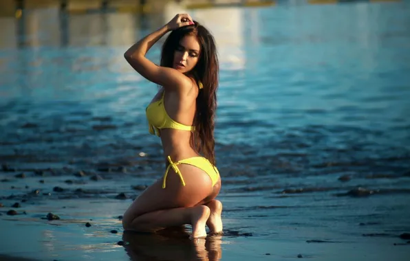 Girl, sexy, ass, sea, boobs, woman, yellow, breast