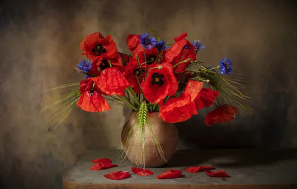 Flowers, the dark background, table, rye, Maki, bouquet, petals, red