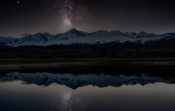 Winter, stars, snow, mountains, night, lake, darkness, reflection