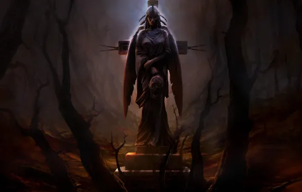 Game, Van Helsing, woman, wings, cross, crown, shadows, branches