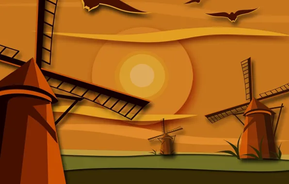 Picture the sun, vector, postcard, windmill