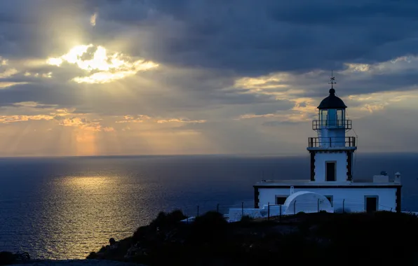 Sea, sunset, lighthouse, Santorini, Greece, Santorini, Greece, The Aegean sea
