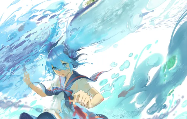 Water, girl, bubbles, fish, art, form, schoolgirl, vocaloid