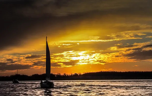 The sky, clouds, sunset, lake, yacht, sail