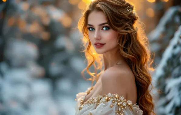 Winter, forest, look, girl, snow, lights, Christmas, neckline