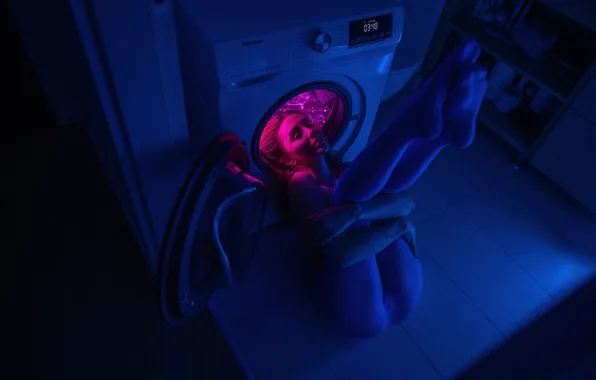Girl, light, bathroom, tights, legs, neon light, washing machine, Maxim Gontarev