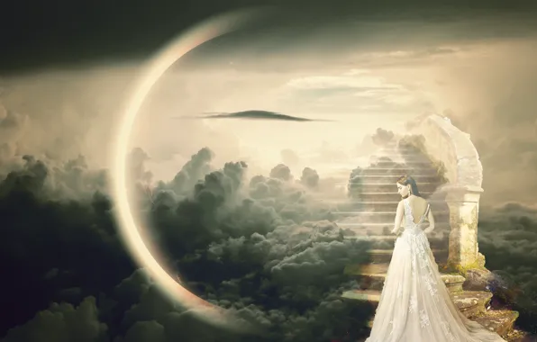 Girl, clouds, dreams, clouds, pose, rendering, fantasy, heaven
