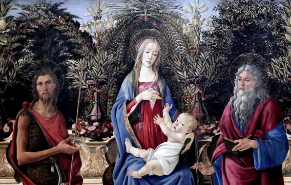 Picture Sandro Botticelli, the great Italian painter, Sandro Botticelli, tempera, Madonna with the child enthroned, The …