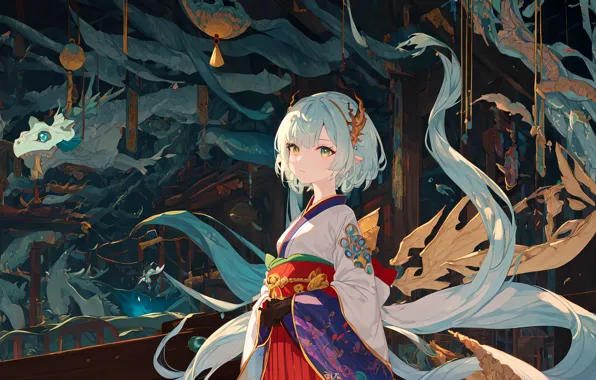 Kimono, priestess, blue hair, suspension, Horny, dragon skull