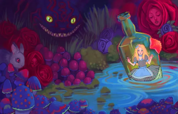 Girl, bottle, art, Alice in Wonderland