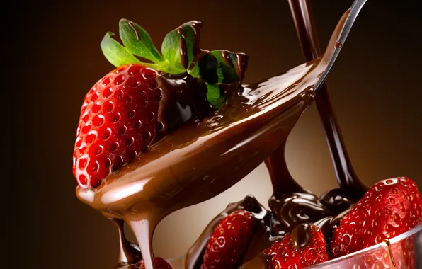 Picture leaves, berries, chocolate, strawberry, spoon, red, dessert, sweet