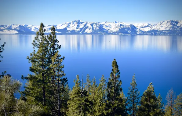Trees, mountains, lake, CA, Nevada, California, Nevada, Sierra Nevada