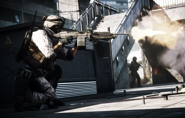 Picture shot, soldiers, machine gun, Battlefield 3, battle.
