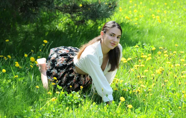 Grass, cleavage, hot girl, field, brown hair, nature, yellow, sexy woman