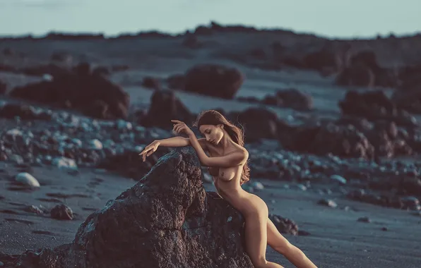 Sand, beach, chest, the sun, landscape, sexy, stones, model