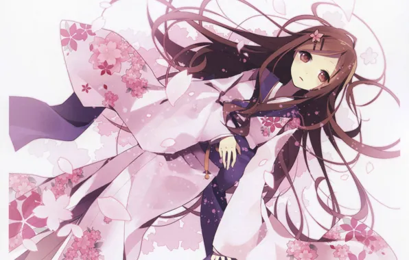 Girl, white background, kimono, long hair, cherry blossoms, lying on her back