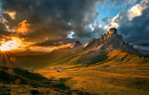 Picture the sun, settlement, Alps, light, mountains, The Dolomites, dawn, clouds
