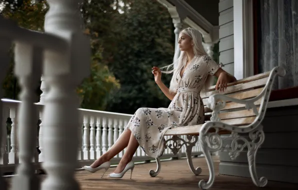 Look, girl, bench, pose, house, foliage, hands, figure