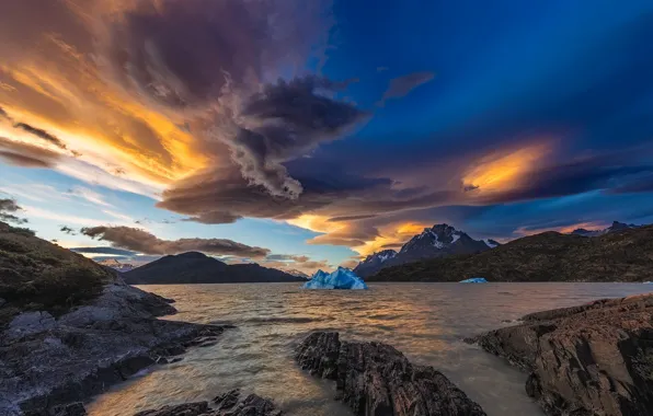 Picture ice, clouds, mountains, lake, Chile, Magallanes