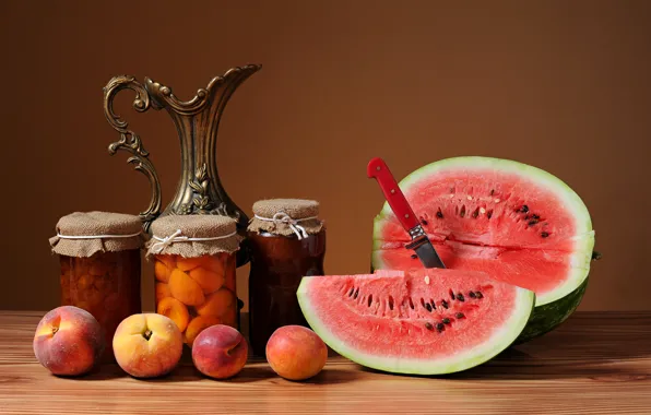 Watermelon, fruit, still life, peaches, jam