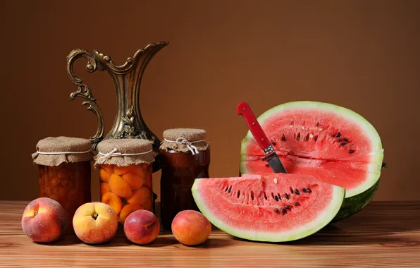 Picture watermelon, fruit, still life, peaches, jam