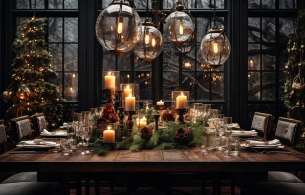 Glass, branches, lamp, interior, candles, glasses, window, Christmas