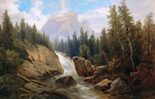 Clouds, Mountains, Trees, River, Picture, Austrian artist, Josef Thoma, Josef Toma