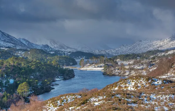 Winter, snow, mountains, nature, lake, Scotland
