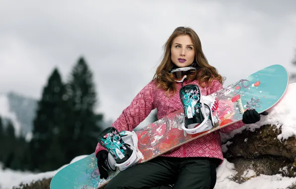 Winter, look, girl, face, style, background, hair, Snowboard