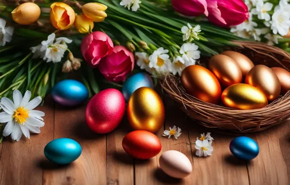 Flowers, eggs, spring, colorful, Easter, happy, flowers, spring