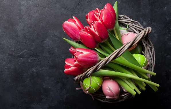 Flowers, eggs, spring, colorful, Easter, tulips, red, wood
