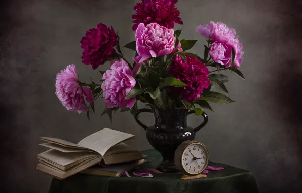 Table, books, bouquet, still life, vintage, tablecloth, peonies, reading