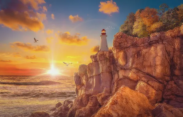Stones, rocks, shore, lighthouse, seagulls, morning, sunrise, rays of light