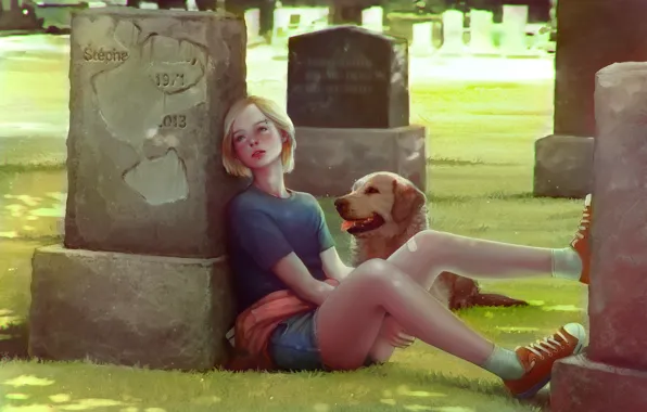 Dog, art, girl, cemetery, tombstone