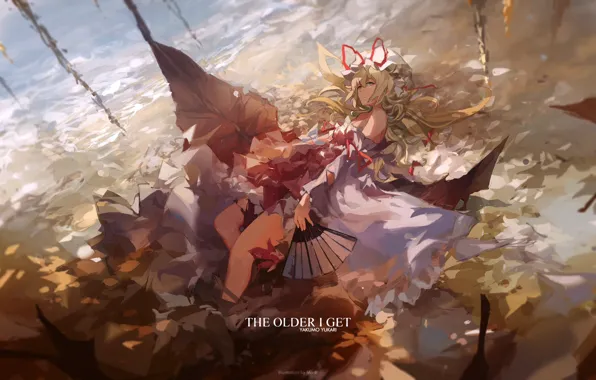 Leaves, fan, lies, bow, cap, touhou, art, Touhou Project