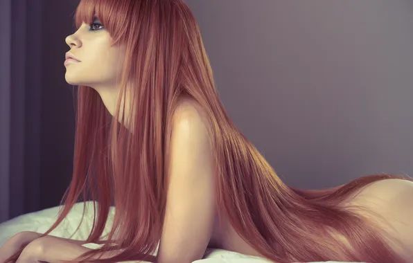 Girl, bed, profile, red, long-haired