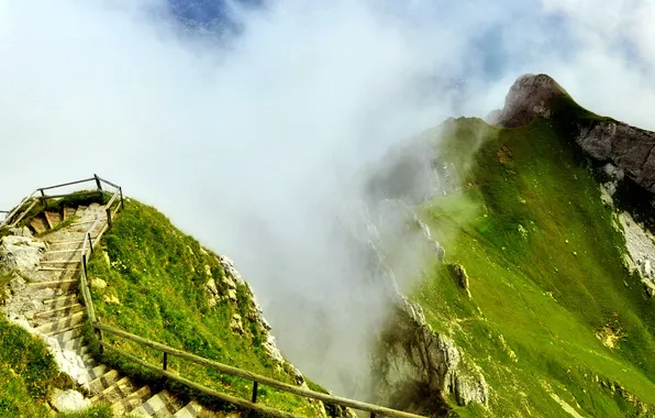 Picture landscape, mountains, fog, ladder