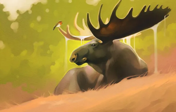 Picture forest, art, horns, bird, moose