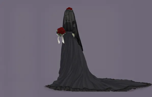 Picture loneliness, grey background, black dress, grief, Belarus, hetalia, a bouquet of roses, mourning