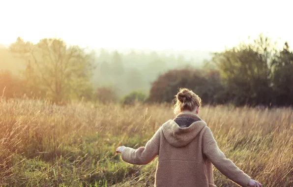 Field, grass, girl, back, jacket