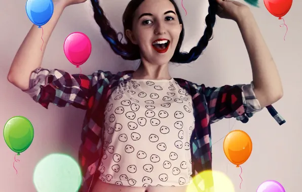 Girl, smile, balloons, bokeh, red lips
