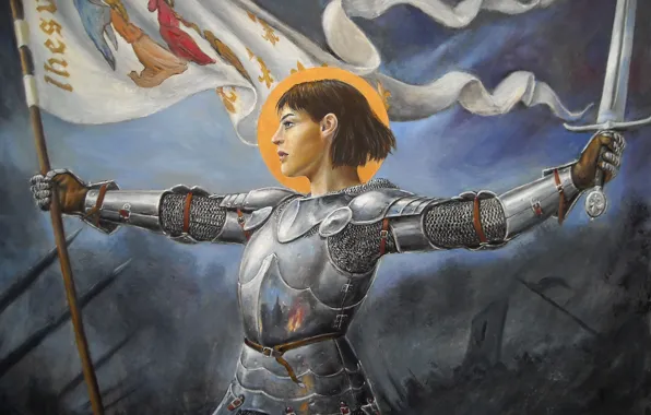 Girl, sword, armor, banner, Joan of arc