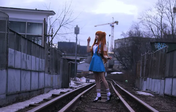 Snow, the fence, building, rails, crane, outfit, railroad, image
