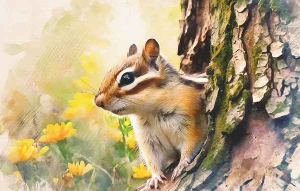 Tree, painting, face, the hollow, imitation painting, AI art, neural network, chipmunk