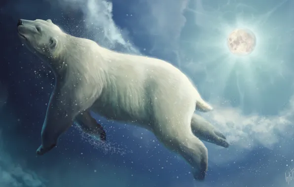 Figure, The moon, Bear, Moon, Clouds, Art, Fiction, Polar bear