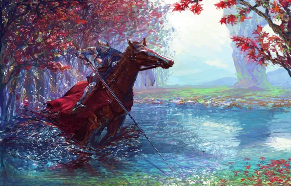 Picture colorful, fantasy, forest, river, armor, trees, weapon, horse